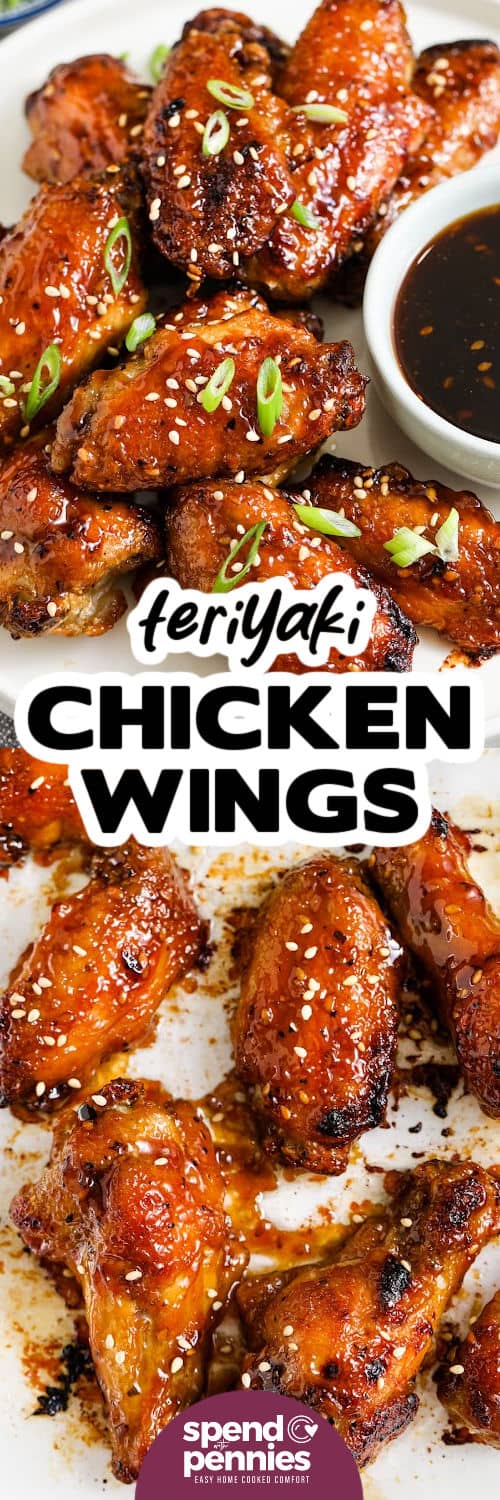 Teriyaki Chicken Wings auf einem Blech und mit Schriftzug serviert