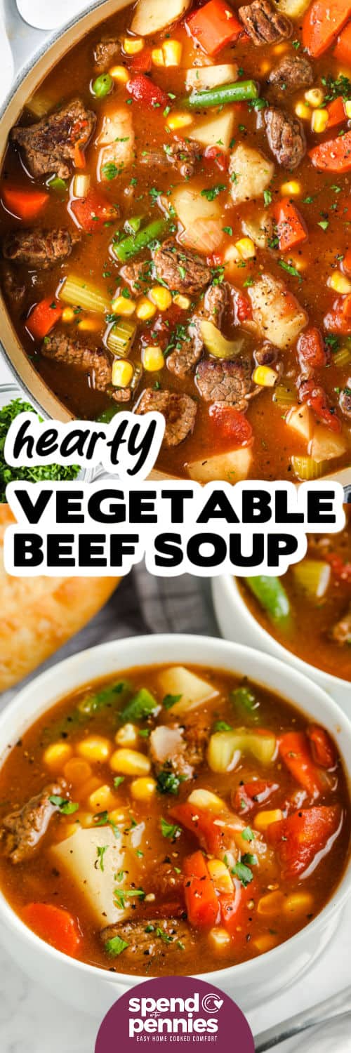 Gemüse-Rindfleisch-Suppe im Topf und in Schalen mit einem Titel