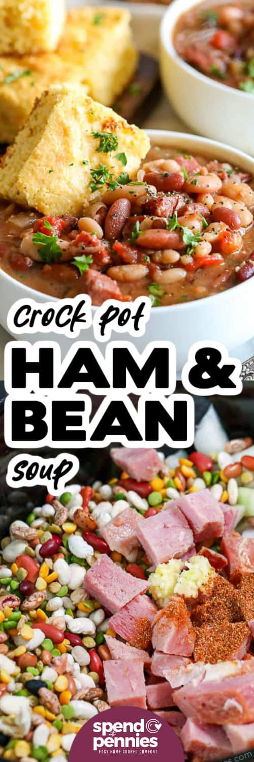 Crock Pot Ham and Bean Soup Zutaten im Crockpot und auf dem Teller mit einem Titel