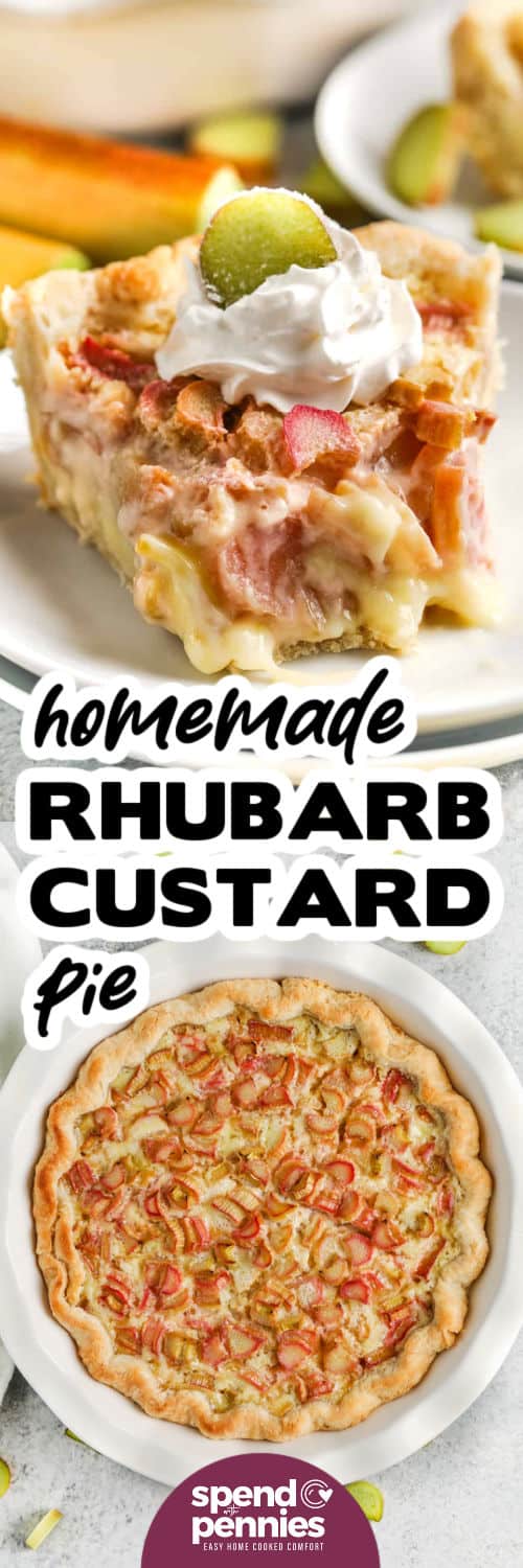 gebackener Rhabarber Custard Pie und ein Stück auf einem Teller mit einem Titel