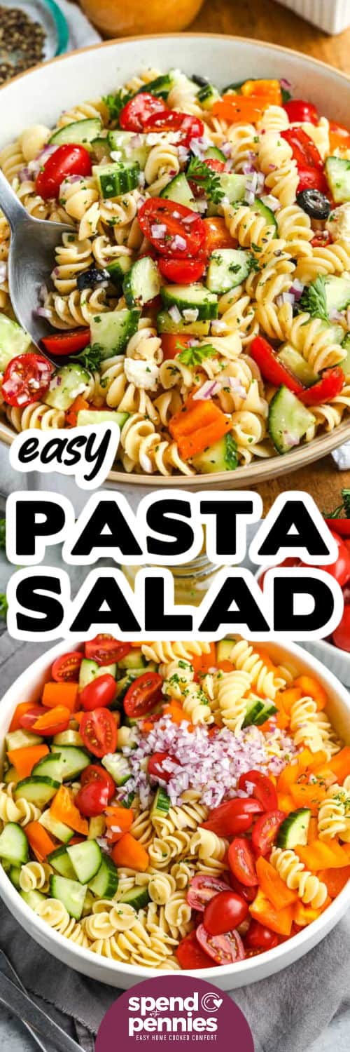 Zutaten für den Easy Pasta Salad in eine Schüssel geben und auf einem Teller mit einem Titel anrichten