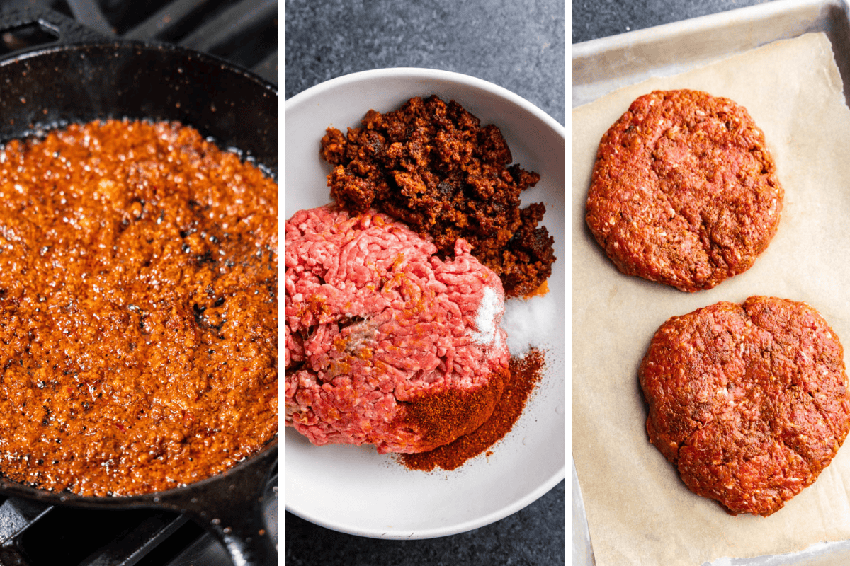 Drei Bilder in einer Collage, die zeigen, wie man Queso Fundido-Burgerpatties mit Chorizo und Hackfleisch zubereitet. 