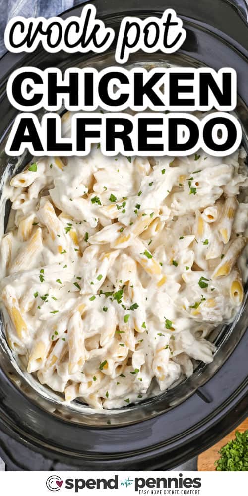 cremiges Crock Pot Chicken Alfredo im Topf mit Schrift