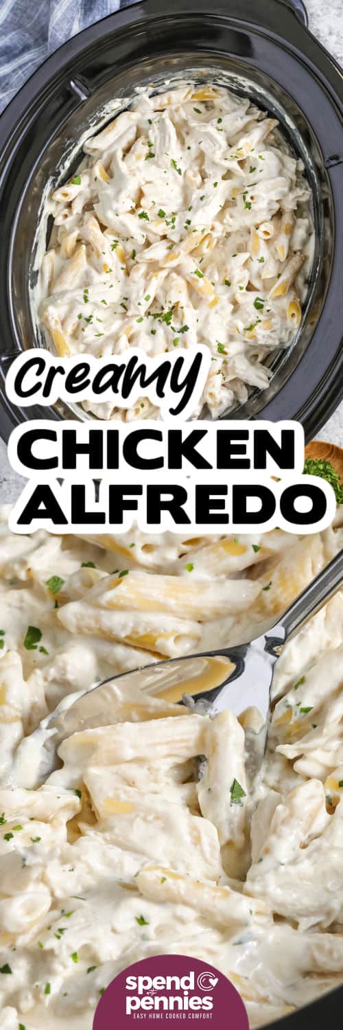 Crock Pot Chicken Alfredo im Topf und mit einem Titel schließen